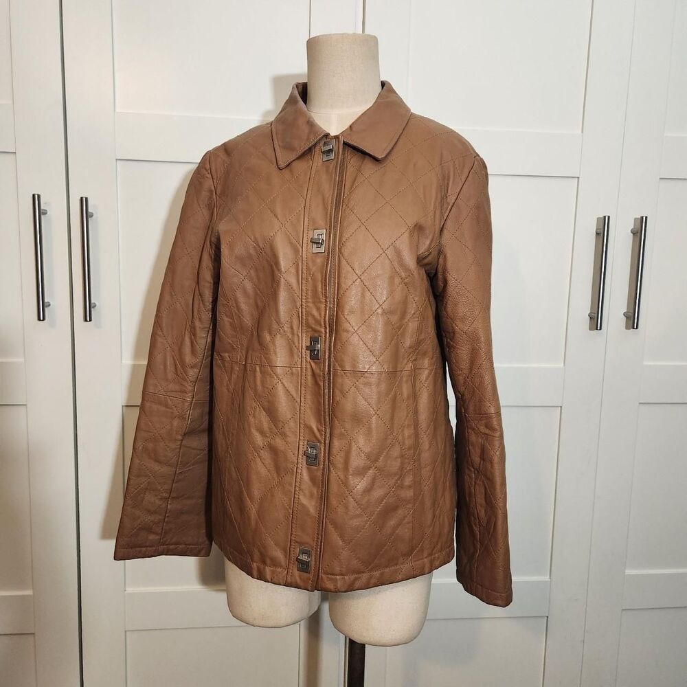 Dialogue Vintage Quilted Tan Leather Jacket Diamond Stitch Brown S Small